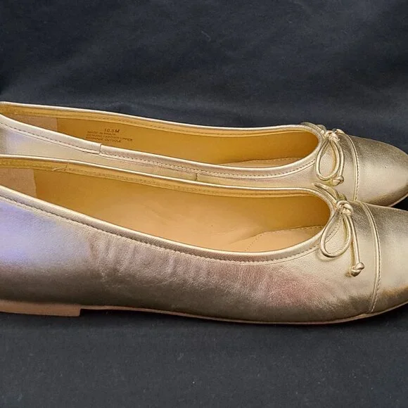 Talbots Shiny Gold Tone Leather Ballet Flats with Bow Size 10.5 M NWOT - Picture 6 of 12